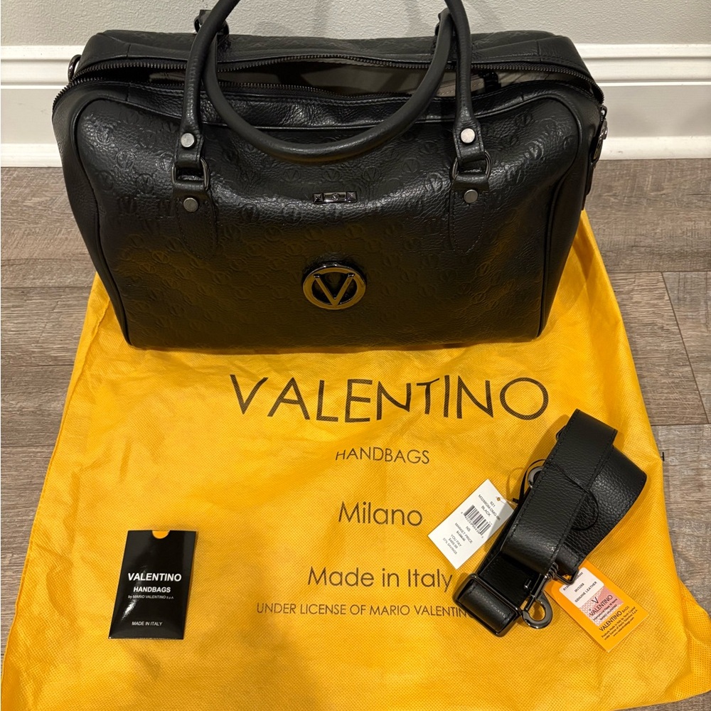 Valentino Black Embossed Leather Duffel Bag